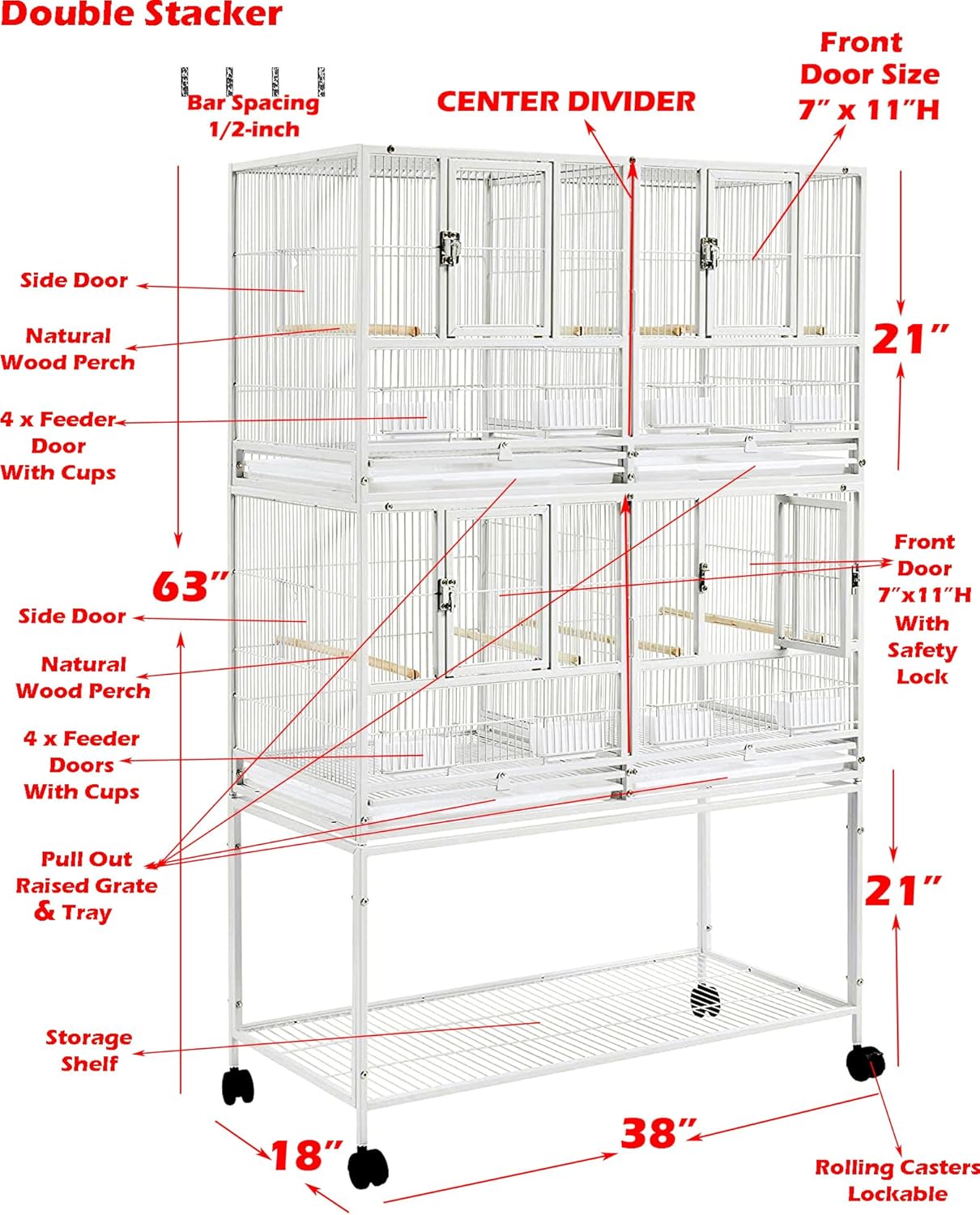 Combo Breeding Stacker Center Divided Breeder Bird Flight Double Rolling Cage with Side Breeding Nest Door (White, Double Stack)