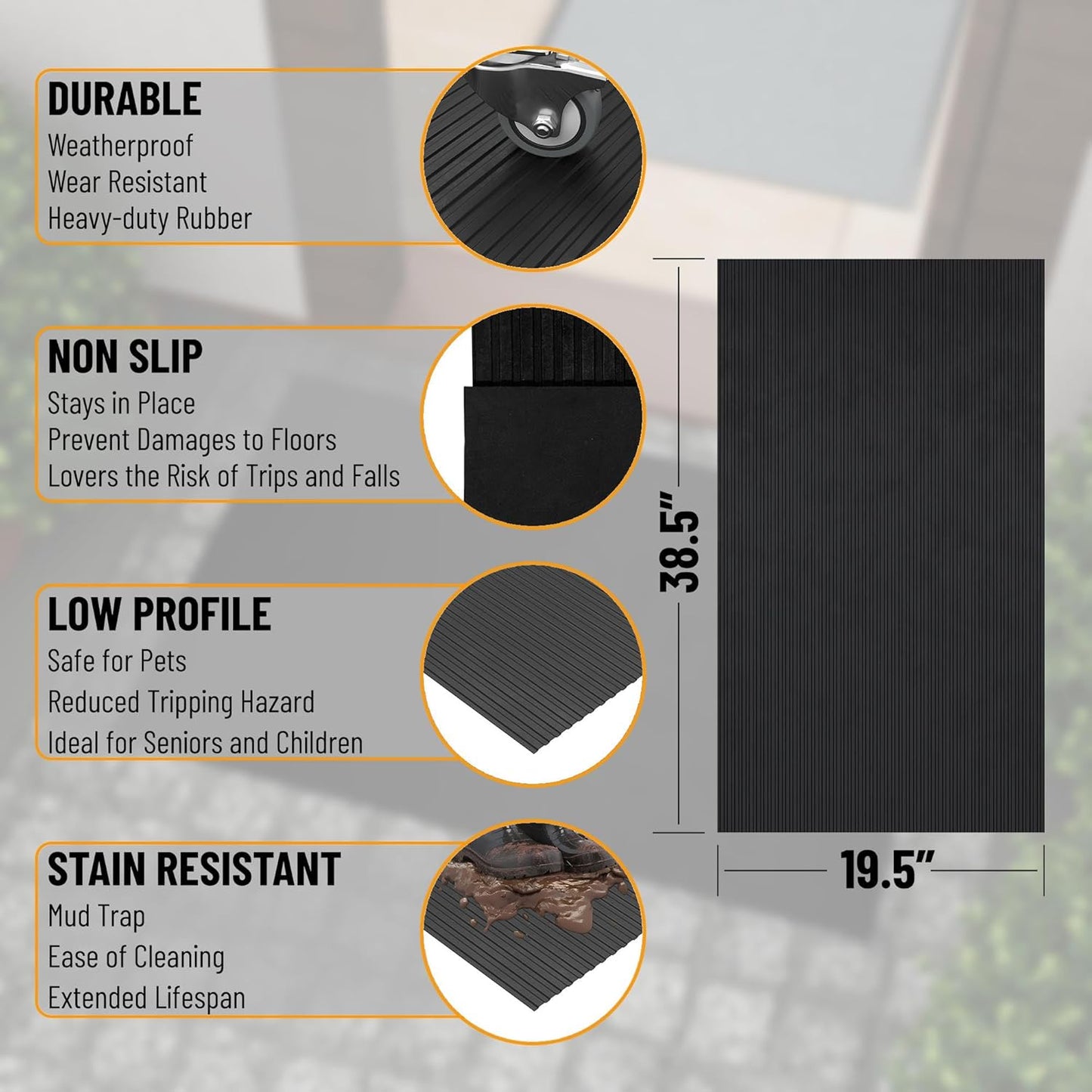 Indoor/Outdoor Hose-Wash Lines Design Non-Slip Rubber 2x3 Modern Entryway Mat for Entryway, Patio, Backyard, Garage, 20" x 39", Black