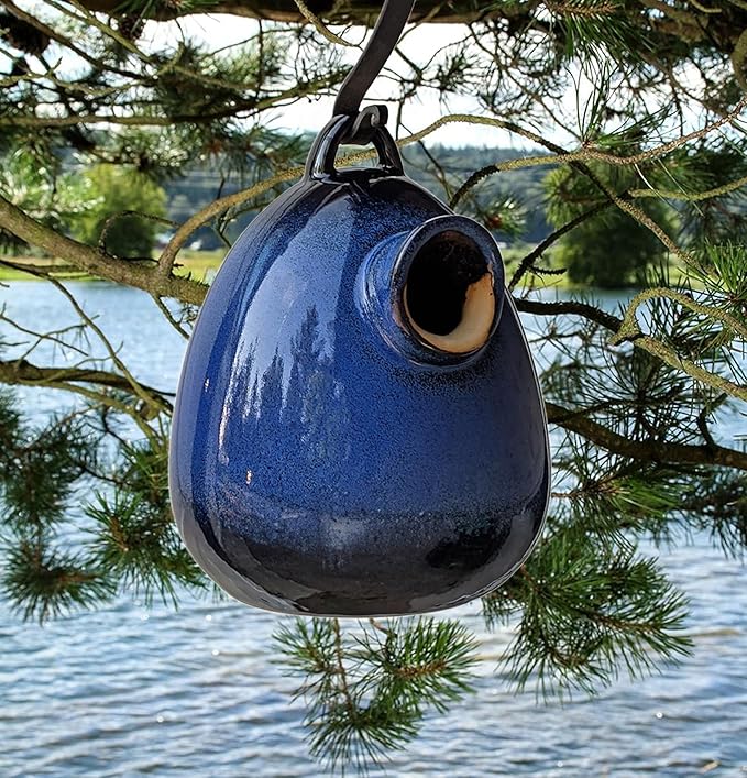 Byer of Maine Egg Bird Home for Small Songbirds, Cobalt Blue, High Fired Porcelain Stoneware, Ceramic Bird House, Glaze Finish, with Forged Steel Hook