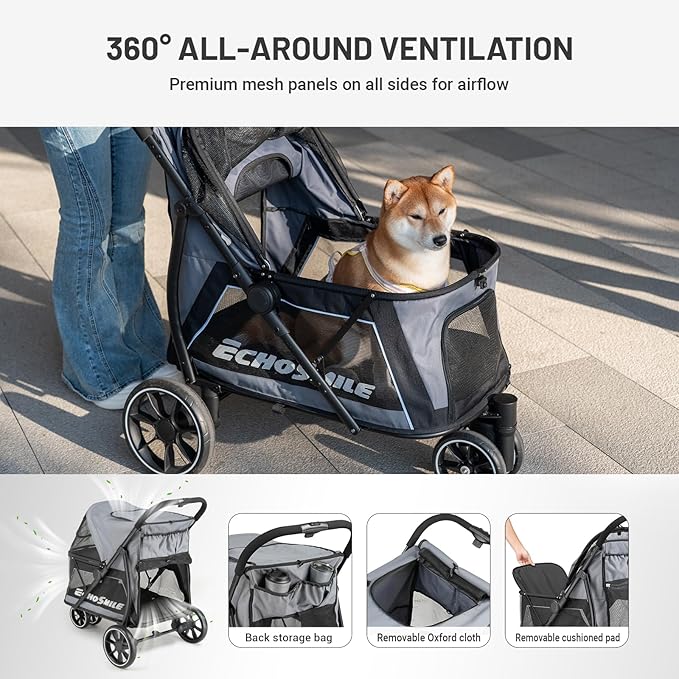 EchoSmile Dog Stroller for Medium & Small Dogs, Foldable Pet Stroller with 3 Wheels & Brakes, All-Terrain Cat Dog Carrier with Breathable Mesh, Safety Leash and Storage Pocket, Gray
