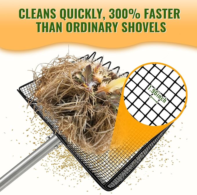 Chicken Poop Scooper, 2-in-1 Coop Scoop & Chicken Coop Rake, Sand Sifting Shovel with Adjustable Stainless Steel Handle, Up to 65 in, No-Bend Cleaning Tool - Patent-Pending (Black)