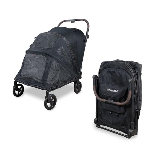 WonderFold Hudson Pet Stroller for Large Pets - Super FLATFOLD: Even the Wheels Fold in - Black, Large