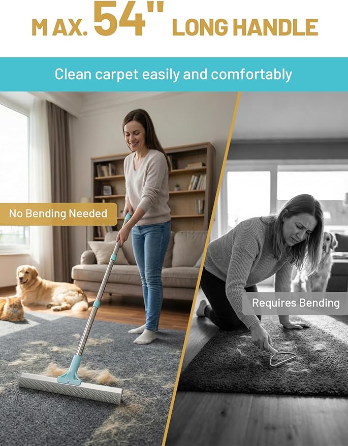 DELOMO Carpet Rake for Pet Hair Removal, Dual-Sided Rug Rake Scraper Broom | 54” Long Handle for No-Bend Cleaning, Metal + Short Silicone for Carpets & Rugs, Extended Silicone for Shag Rugs & Hard Floor