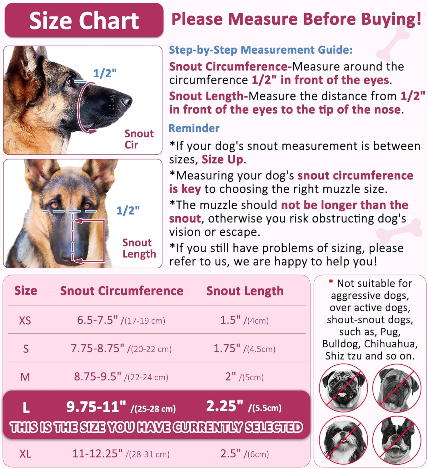 LUCKYPAW Soft Muzzle for Medium Large Sized Dogs Beagle Labrador German Shepherd, Dog Muzzle to Prevent Biting Chewing, Adjustable Breathable Mouth Guard for Grooming Walking Training(Hot Pink, L)