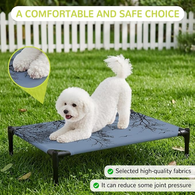 Outdoor Elevated Dog Bed for Large Dogs, Blue Black Branches Breathable Cooling Raised Dog Cot for Indoor/Outdoor, Botanical Dead Tree Birds Waterproof Elevated Pet Beds, L 28 x 22 in