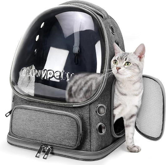 Cawypety Cat Backpack Carrier, Breathable Cat Carrier Large Space Bubble Pet Backpack for Kitty Small Dog up to 12lbs, Transparent & Foldable Pet Carrier for Travel Hiking