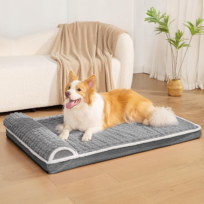 Orthopedic Large Dog Bed Pillow Pet Sofa Bed 42''X28'' Grey | Egg-Crate Foam Pet Couch Large Sized Dog, Waterproof Removable Washable Cover,Furry Puppy Crate Mat With Nonskid Bottom
