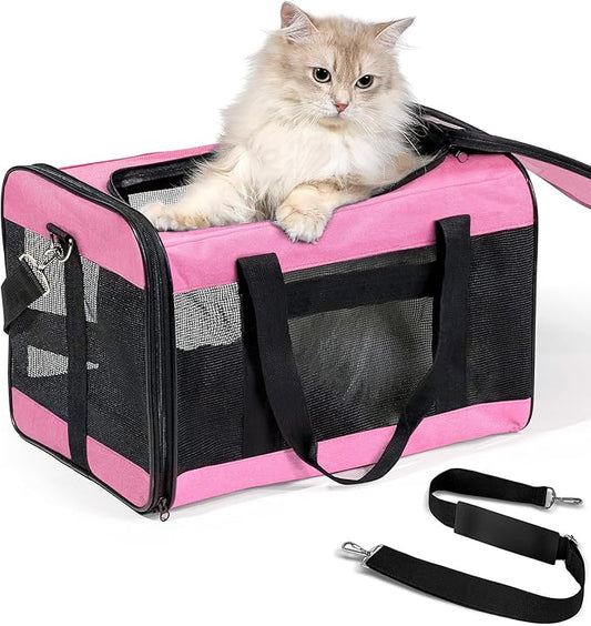 Conlun Cat Carrier Airline Approved, Soft-Sided Dog Carrier with Inner Safety Leash, Pet Transport Carrier for Small-Medium Cats Puppies up to 15 Lbs, Collapsible Travel Kitten Carrier Bag -Pink M