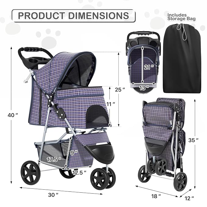 MoNiBloom Pet Stroller for Small/Medium Dogs and Cats up to 33 lbs, Plaid | Foldable 3 Wheels Pet Strolling Cart w/ Storage Basket Weather Cover Cup Holder, Breathable and Visible Mesh for All-Season