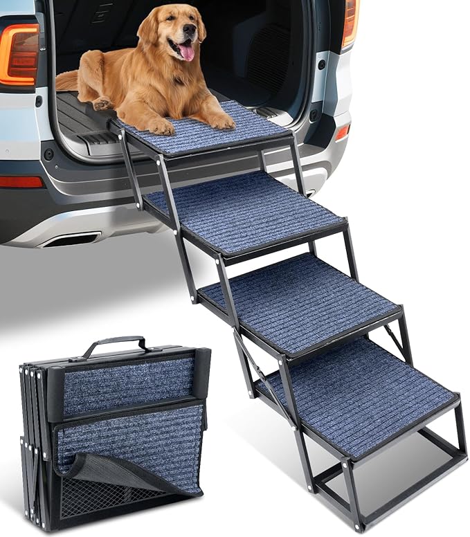 Dog Stairs for Car, 42''x 17'' Extra Wide Dog Stairs for Large Dogs to 250 LBS, Portable Dog Steps with Removable Non-Slip Surface, 4 Steps Foldable Dog Ramp for Car, SUV, High Bed/Couch