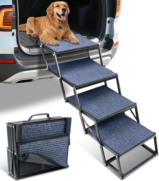 Dog Stairs for Car, 42''x 17'' Extra Wide Dog Stairs for Large Dogs to 250 LBS, Portable Dog Steps with Removable Non-Slip Surface, 4 Steps Foldable Dog Ramp for Car, SUV, High Bed/Couch