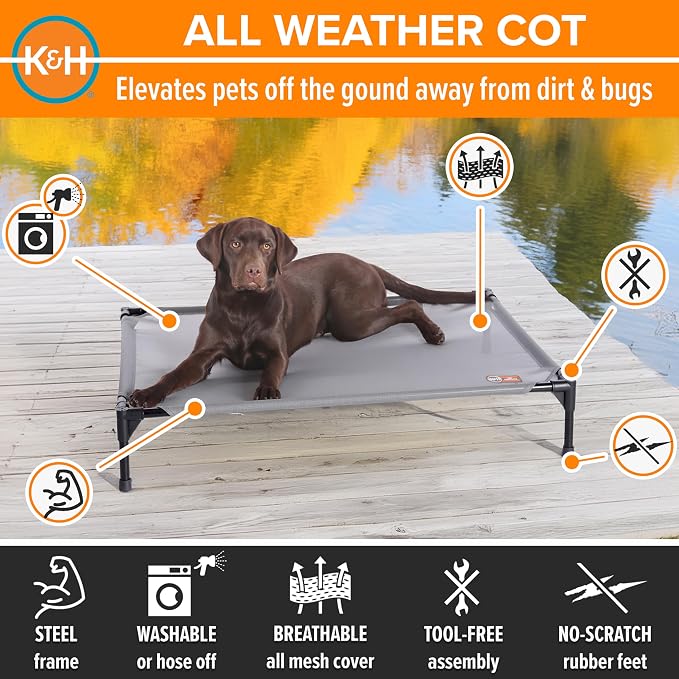 K&H Outdoor Elevated Dog Bed, Cooling Raised Dog Bed, Large 42x30in, Gray | Pet Cot for Medium & Large Pets, Breathable Mesh 360 Hammock Design, Indoor/Outdoor Washable Cover, Portable Metal Frame