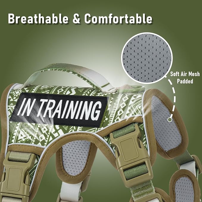 Heavy Duty No Pull Tactical Dog Harness for Large Dogs, Labrador Golden Retriever German Shepherd, Adjustable Soft Padded Dog Vest, Breathable Pet Oxford Vest with Easy Control Handle, Green Ethnic L