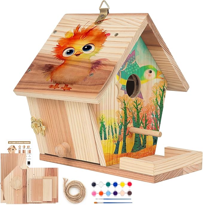Bird Houses for Outside to Build, DIY Birdhouse Kit with Paint Set, Wooden Bird House with Feeder Trough, Natural Woodworking Kits for Kids and Adults Bird Nest