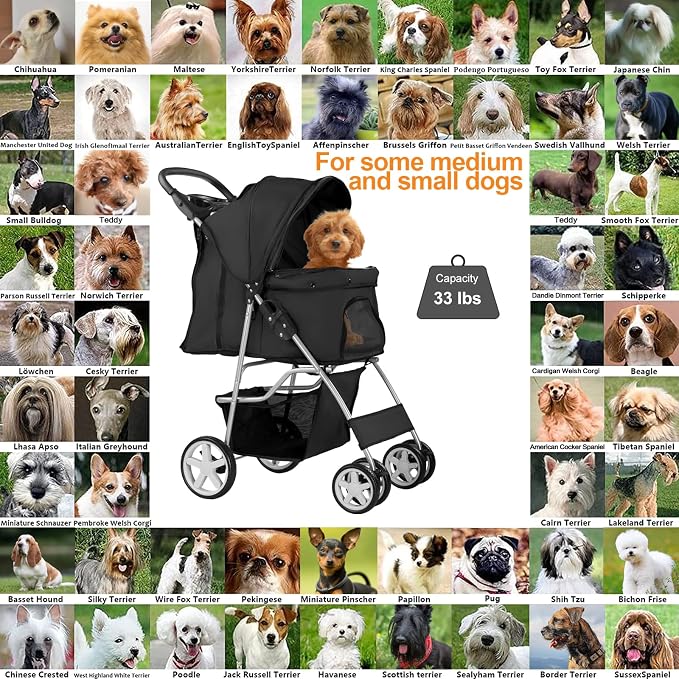 Pet Stroller for Small Dogs and CatsQuick-Folding Portable Travel Cat Dog Stroller with Storage Basket and Cup Holder, 4 Wheels, Pure Black