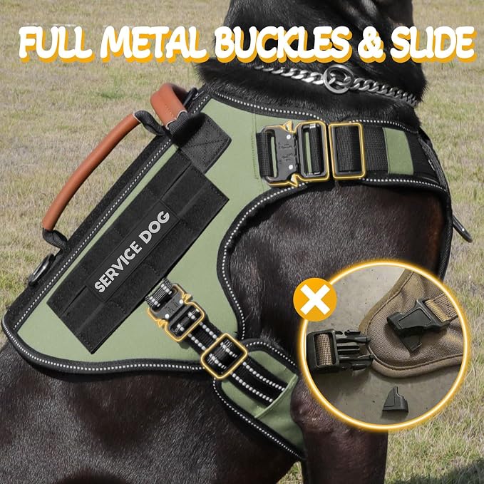 Service Dog Vest - HEYCAHVA Tactical Dog Harness Full Metal Buckles for Large Medium Dog Reflective No Pull Harnesses Vest with Leather Handle, Hook & Loop for Hiking Training(Green, XL)