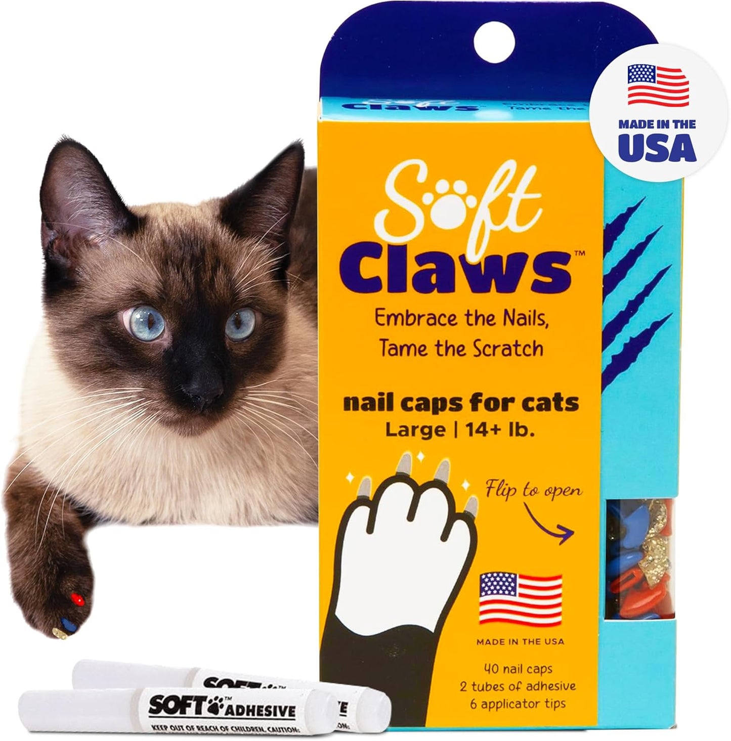 Soft Claws Cat Nail Caps for Large Cats – (Red, Blue & Gold, 40 Caps) - Made in USA - Veterinarian-Developed | Protects Furniture & Skin - Easy to Apply, Long-Lasting Anti-Scratch Soft Cat Claw Covers