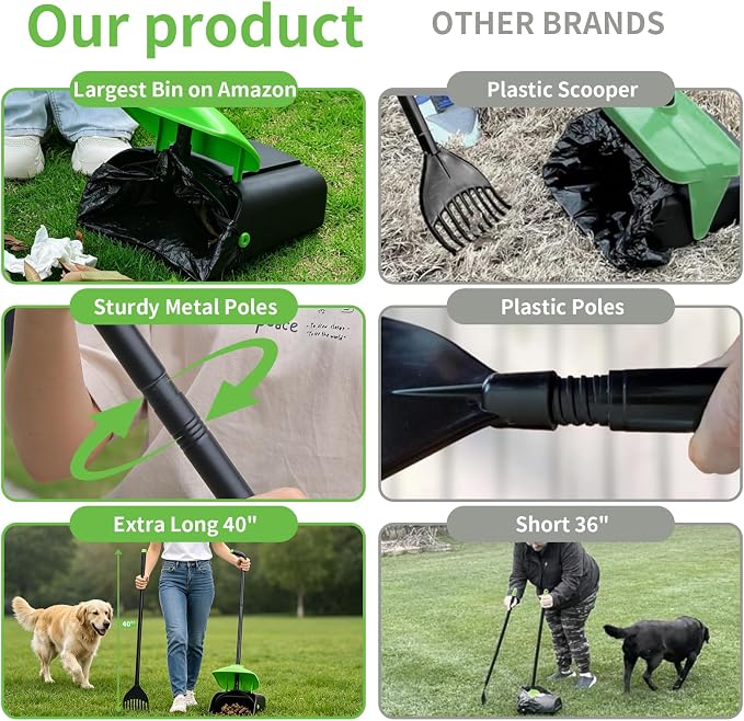 ienjoyed 40" Tall Dog Pooper Scooper with 100 Bags Attachment, Large Capacity Swivel Bin and Rake Metal Pole, Long Handle Pooper Scooper for Large Dogs, Dog Poop Scoop for Yard (Green)