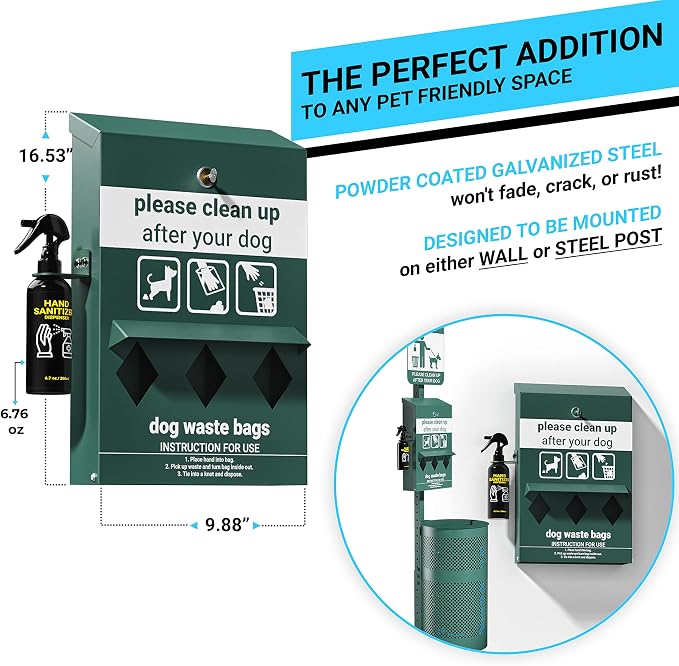Flash Furniture Locking Dog Waste Bag Dispenser with Glow in The Dark Sign | Hand Sanitizer Bottle, Rain Guard, 600 Roll Bags Included, Durable Construction, Commercial Use