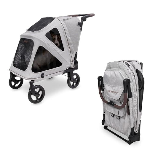 WonderFold Hudson Pet Stroller for Medium Pets - super FLATFOLD: Even the Wheels Fold In - GRAY, MEDIUM
