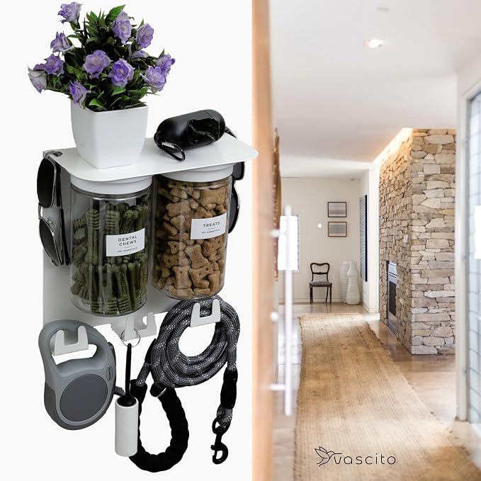 Dog Leash Holder for Wall with Shelf — Wall Mounted Dog Treat Holder & Station, 2 Airtight 32oz Treat Containers, 9 Hooks, Patented Lidless Slide-to-Seal Jars, Solid Steel, Made in USA