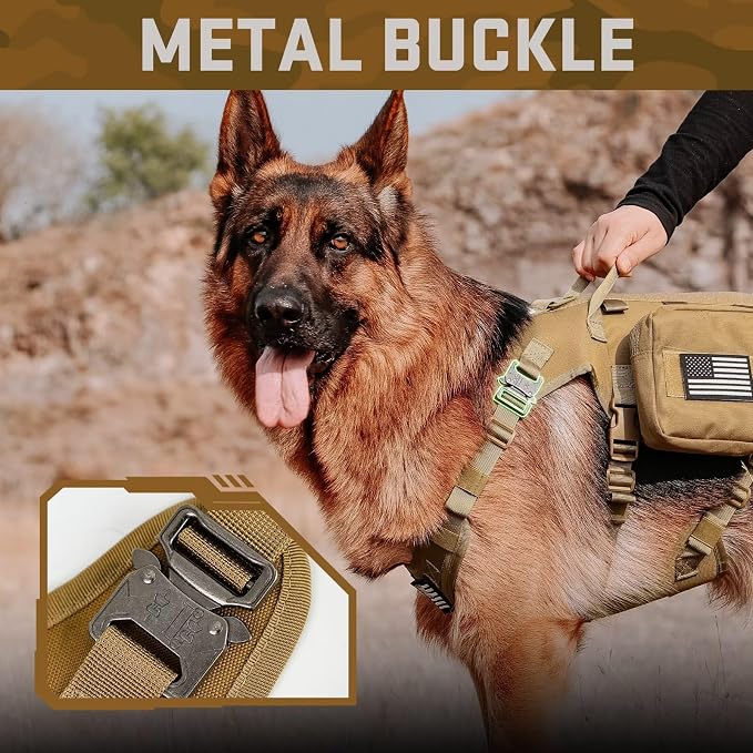 Forestpaw Tactical Dog Harness Pouches and Patches Set,L,Brown | Adjustable Fits 27-40" Chest,70-140 lbs,No Pull Military Style Service Dog Vest for Daily Walking Training,Medium Large Dogs