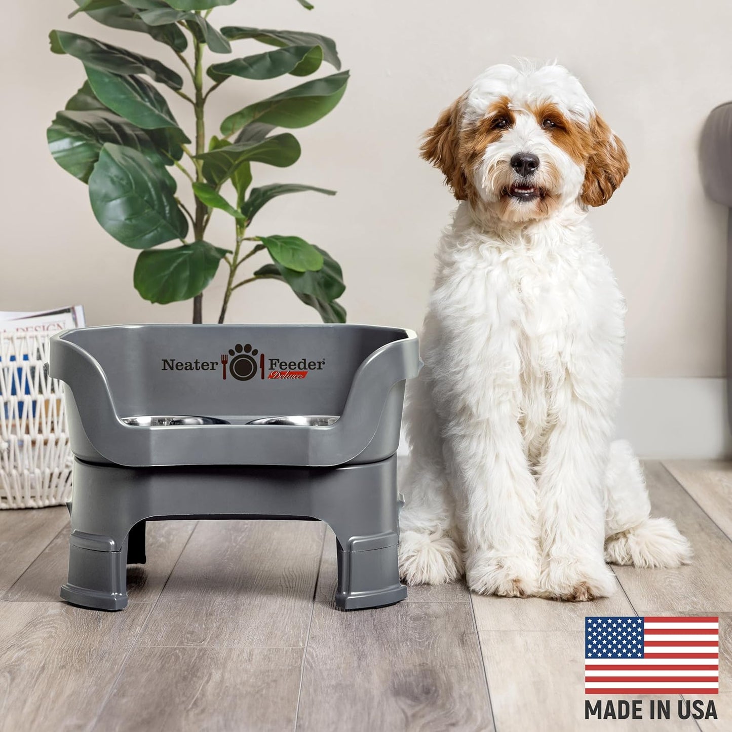 Neater Feeder Deluxe Mess Proof Dog Bowls Elevated Medium Sized Dogs (19-40 lbs) Made in USA, No Spill Raised Dog Food Bowl Stand w/Leg Extension, Stainless Steel Food and Water Bowl Set, Grey