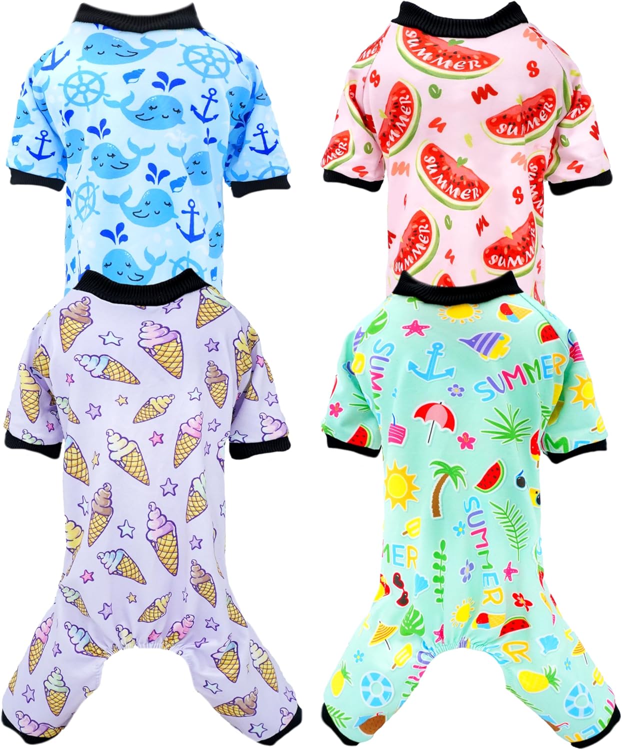 PET SHOW 4 Pack Dog Pajamas for Extra Large Dogs Girl Boy Watermelon Soft Stretchy PJs Whale Ice Cream Jumpsuit Dog Floral Onesies Outfits with Sleeve Pets Breathable Summer Costume Clothes XXXL
