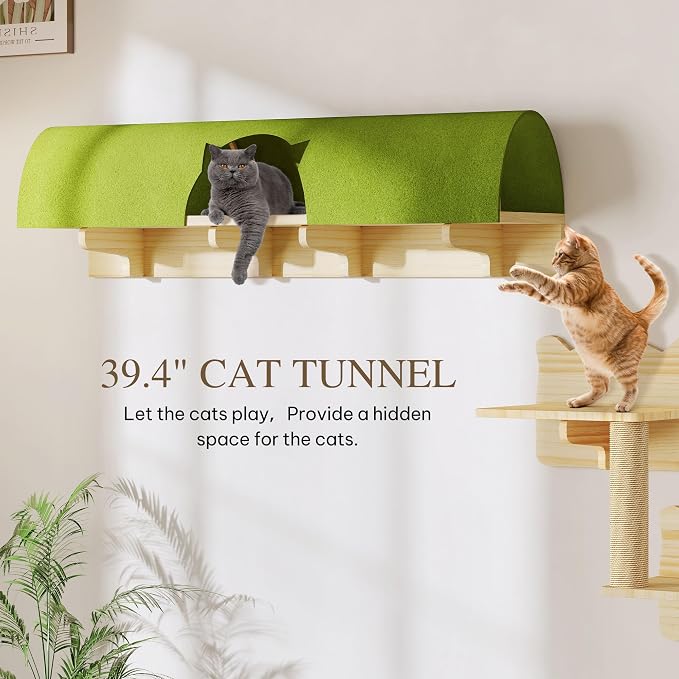 7-in-1 Cat Shelves for Wall, Cat Wall Furniture Set with Tunnel | Multi-Level Floating Cat Shelves for Space Saving, Solid Wood Cat Climbing System with Scratching Posts, Burlywood
