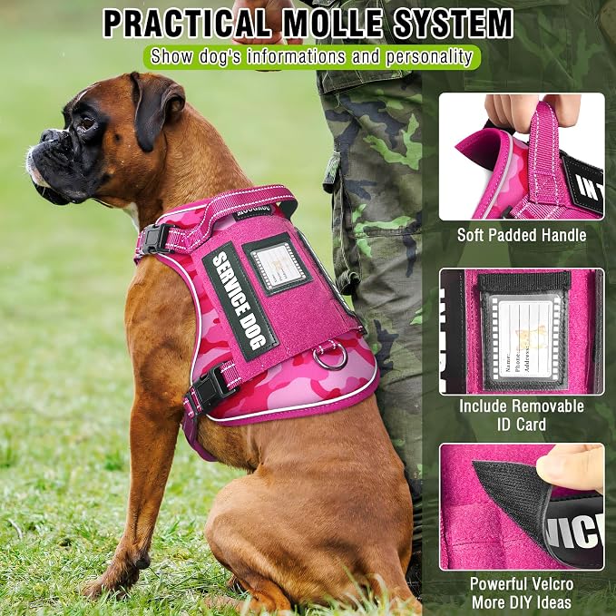 Tactical Dog Harness and Leash Set with 10 Patches for Large Dogs | Heavy Duty No Pull Service Dog Vest with Dog Seat Belt ,Adjustable Reflective Easy Walk for Training Hiking Camo Pink XL
