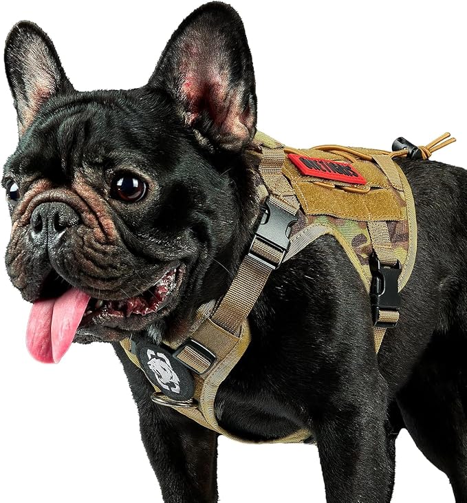 OneTigris Tactical Dog Harness with Handle No-Pull Adjustable for Small Dog | Military 1000D Pullable Nylon, Service Dog Vest with Hook & Loop Panels, Easy On & Off for Walking Hiking Training Camo XS