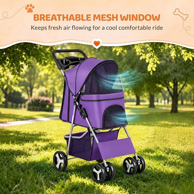 ZENY Foldable Pet Stroller, Cat/Dog Stroller with 4 Wheel, Pet Travel Carrier Strolling Cart with Storage Basket, Cup Holder (Purple)