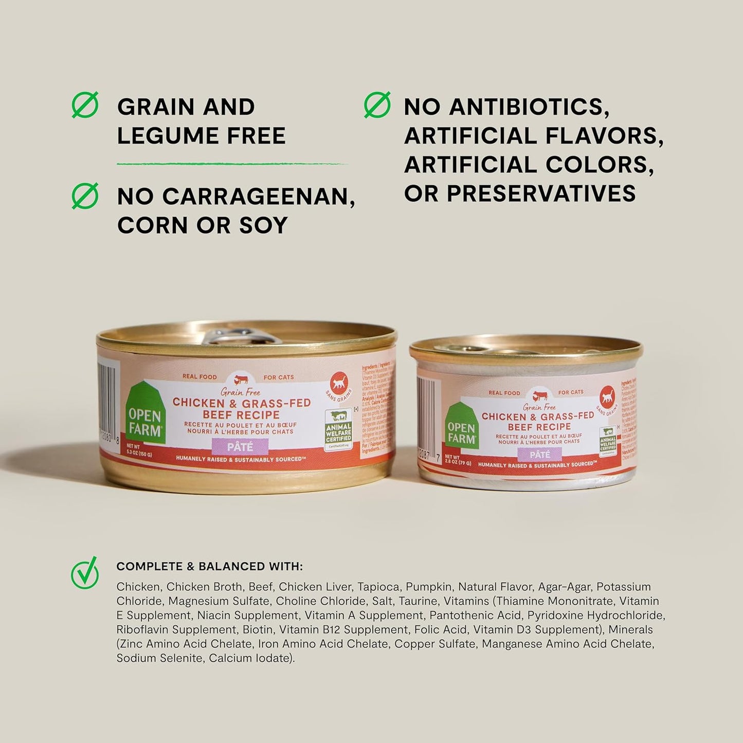 Open Farm Canned Cat Food, Paté for Complete & Balanced Nutrition, Grain-Free and Legume-Free Wet Cat Food, Chicken & Beef Recipe, 5.3oz Cans (Case of 12)