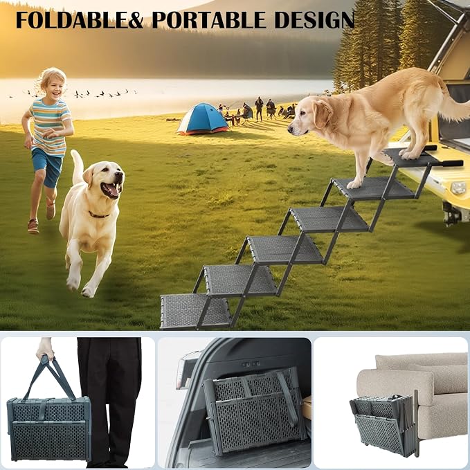 Dog Ramp for Car, SUV & Truck, Portable Pet Stairs with Non-Slip and Easy-Clean Surface, Extra Large Dog Step with Adjustable Size, Supports up to 250 lbs.
