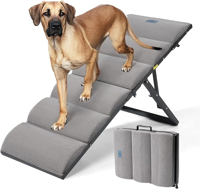 Veehoo Foldable Dog Ramp for Bed Couch Large Dogs, Adjustable 17-23'' High | Portable Dog Stairs 17" Extra Wide for Small Medium Large Pet, Folding Indoor Doggie Steps with Non-Slip Pad, up to 150lbs