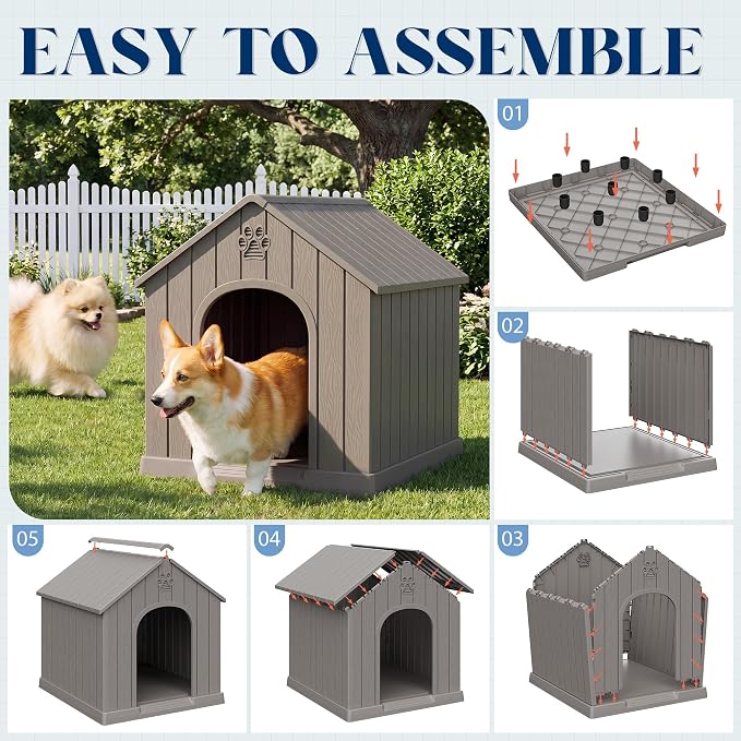 Dog House Outdoor, Plastic Small Dog House-Weatherproof Design with Air Vents & Elevated Floor for Small to Medium Dogs, Easy Clean and Assemble (Standard Grey, 26.18''L × 24.03''W × 25.98''H)