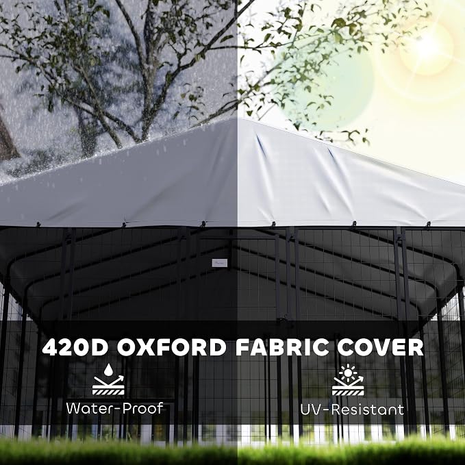 PawHut 10' x 10' x 6' Outdoor Dog Kennel with 360° Rotating Bowls, Sliver | Welded Wire Dog Kennel Outside Run, Waterproof & UV Resistant Cover, for S&M&L Breeds, Chickens & Ducks