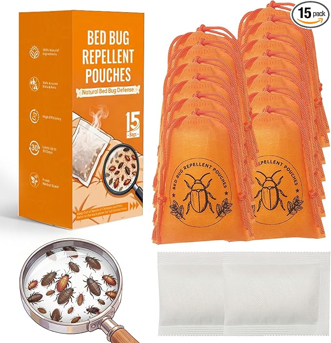 15 Pack Powerful Bed Bug Repellent Pouches, Natural Bed Bug Deterrent Safe for Kids & Pets, Mess-Free Alternative to Bed Bug Spray & Bed Bug Killer for Indoor Home Use, 30 Days Long-Lasting Protection