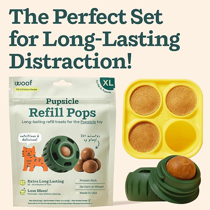 WOOF Starter Pack Dog Treat Toy for XL Dogs 75 lbs & Up | Long-lasting enrichment kit, Pupsicle toy included, reusable treat mold, chicken Pops, DIY frozen treats