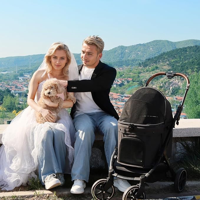 Pet Stroller for Small Medium Dogs Cats, Dog Stroller 4-Wheel Pet Strollers for Medium Dogs Up to 45lbs, Storage Basket, Sun Shades & Waterproof Fabric, Black
