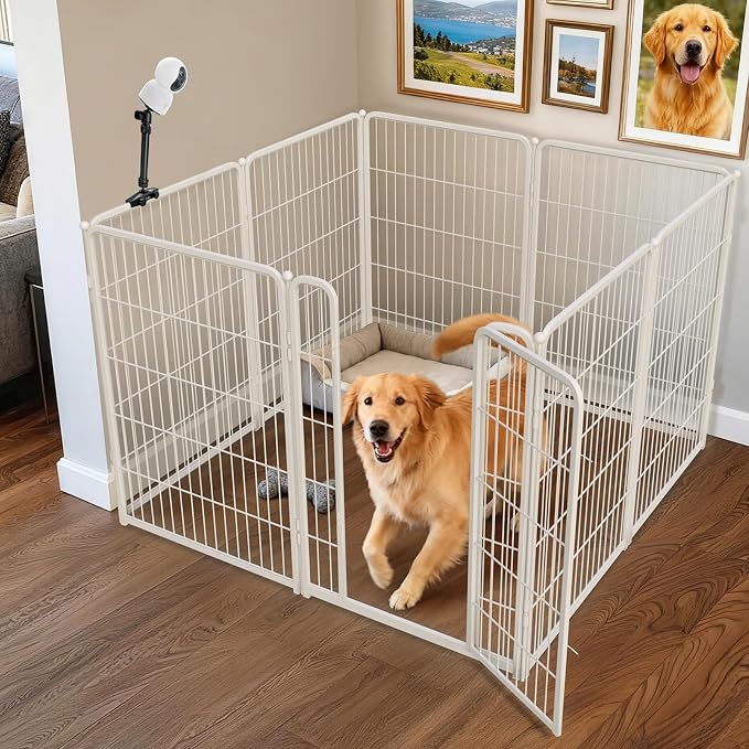 FXW Homeplus Indoor Dog Playpen with Camera Mount, 40" H, 8 Panels | Calm Indoor Play Area, Wider Viewing Angles with Stable Support, for Medium & Large Dogs, Patented