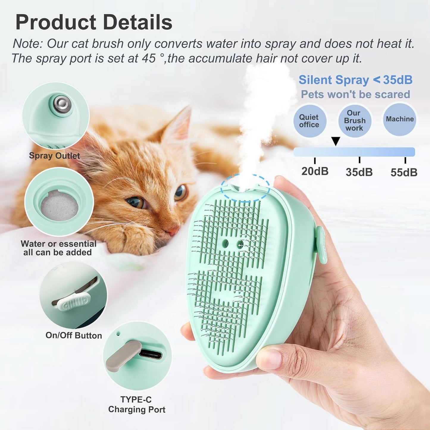 Cat Steam Brush for Shedding,Self Cleaning Cat Brush with Steam,Rechargeable Pet Steam Brush,Mist Brush Comb for Indoor Cats,Cat Hair Brush,Steamy Cat Brush for Short&Long Haired Pets.(Green)