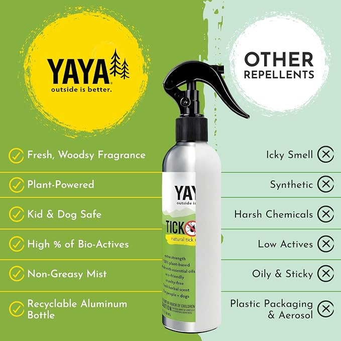 YAYA ORGANICS Tick Ban DEET-Free Mist Spray - Made in USA - All Natural Extra Strength Tick Repellent Spray Made with Essential Oils - Safe for Kids & Dogs (8 Ounce)