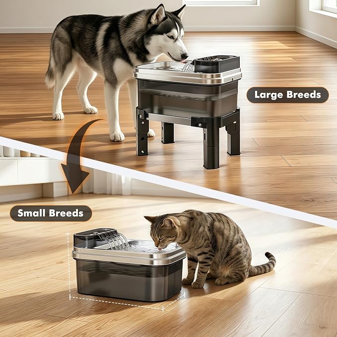 RPZ Dog Water Fountain, 9L Large Capacity Elevated Dog Water Bowl with Filter, 4-Level Adjustable Stainless Steel Water Dispenser for Large Dogs, Quiet Indoor Pet Fountain, No Spill Design