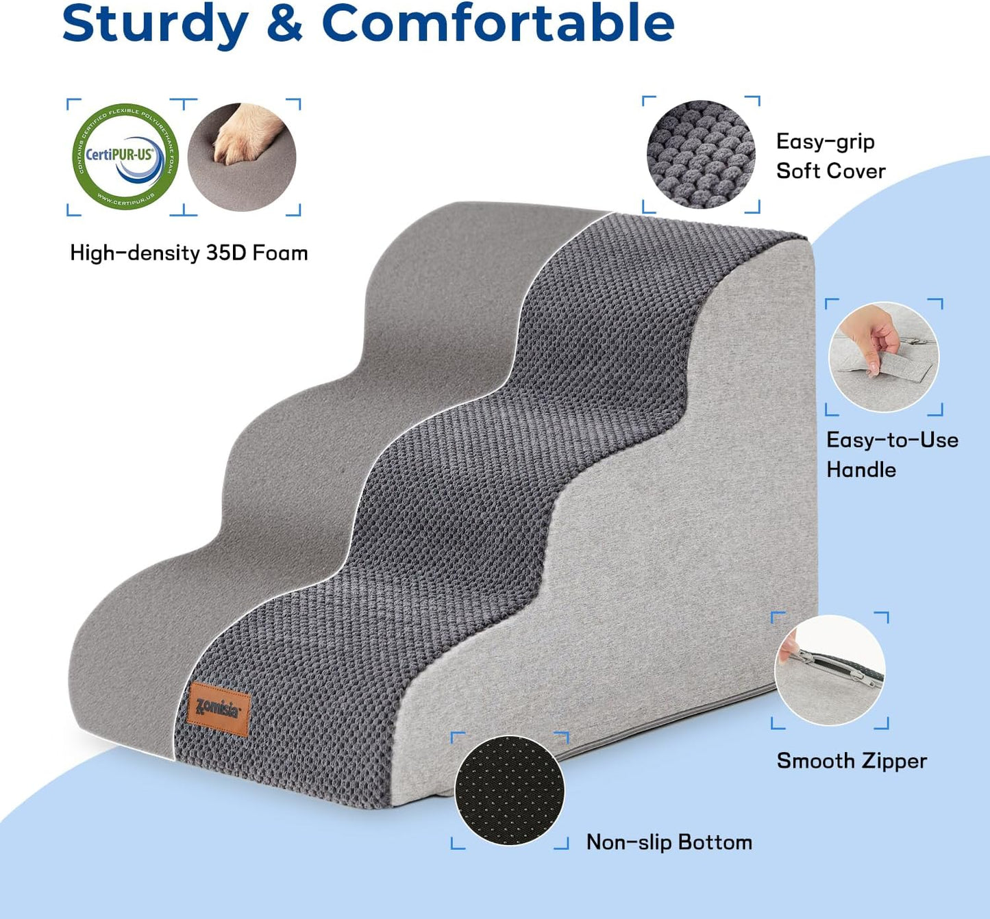 Dog Stairs for Small Dogs - Pet Stairs for Couch and Bed, 35D Foam Dog Steps Ramp with Non-Slip Bottom Beige, 3 Steps