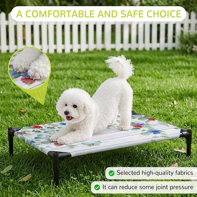Outdoor Elevated Dog Bed for Large Dogs, Independence Day Breathable Cooling Raised Dog Cot for Indoor/Outdoor, Eucalyptus Leaves Floral Wooden Plank Waterproof Elevated Pet Beds, L 28 x 22 in