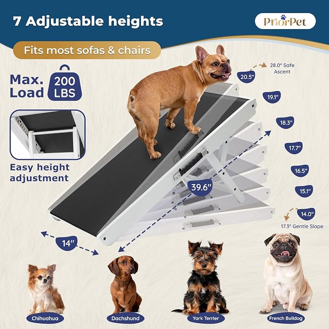 Dog Ramp for Couch – Non-Slip, Sturdy Build Foldable Wooden Dog Ramp – Supports up to 200 lbs – 7 Adjustable Heights (14"–20.5") – Enhanced Stability – Birchwood Pet Ramp for Small Dogs – White