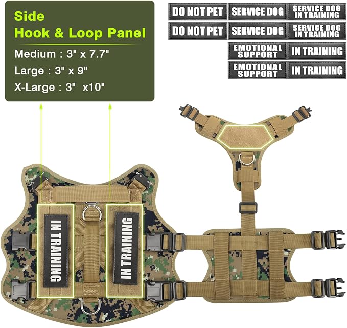 Service Dog Vest Harness for Large Dog, Tactical Working MOLLE Vest with 10 Pet Patches, No Pull Heavy Duty Harness for Training Walking
