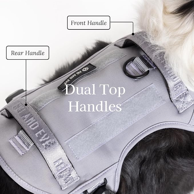 Fei & Eve Classic Dog Harness, MagEase Magnetic Buckle | 3-Point No-Pull Control, Dual Handle Support, 900D Nylon, Tactical Patch Panel, Heavy Duty, X-Large, Gray
