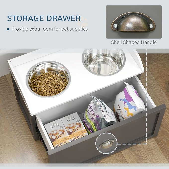 PawHut Feeding Station with Storage Drawer, Food Storage Cabinet with 2 Removable Elevated Bowls for Large Sized Dogs, Gray | 2 Removable Elevated Pet Bowls, for Large Sized Breeds
